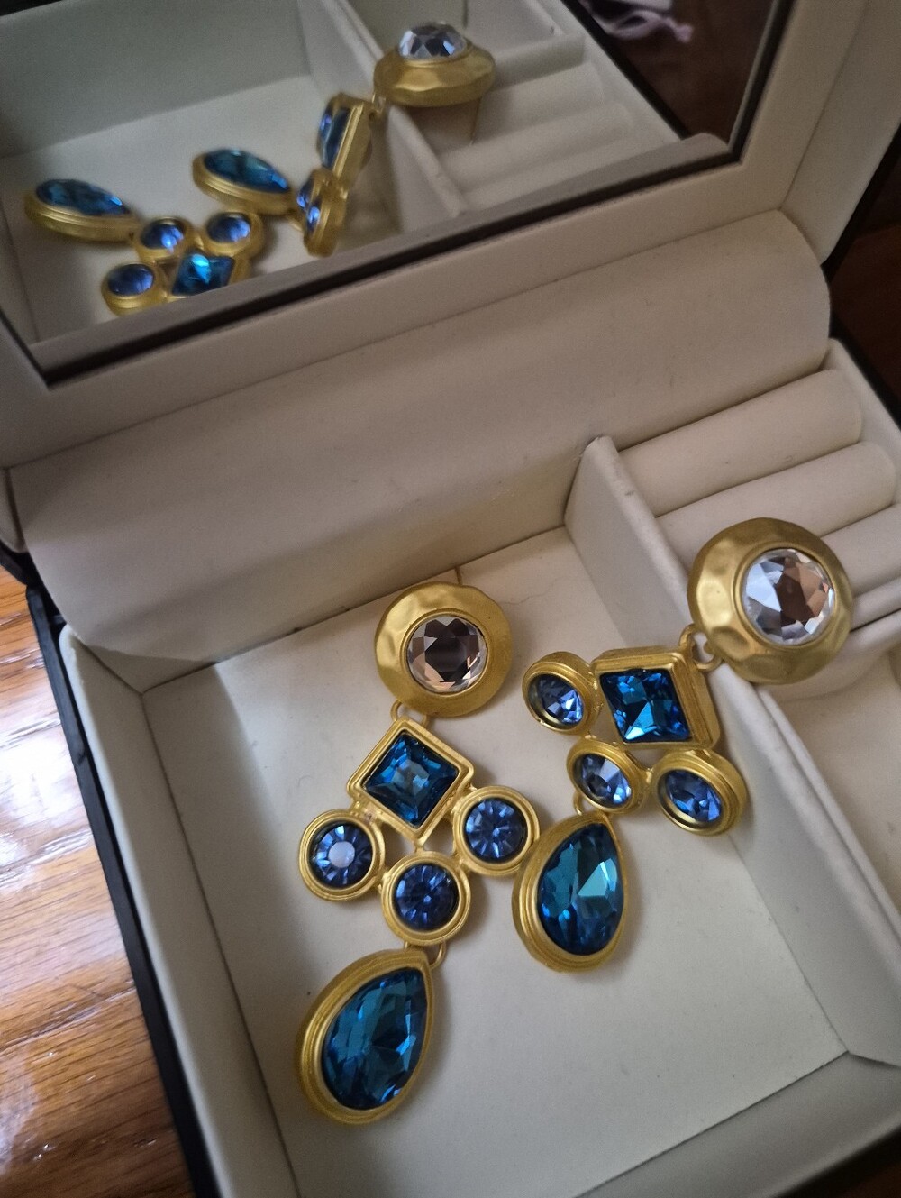 Gold Matte Blue Crystal Drop Earrings